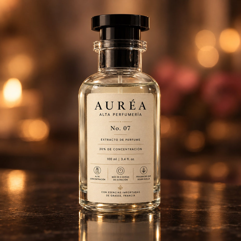 Frasco de perfume Auréa sobre una mesa oscura con luces cálidas desenfocadas al fondo.
