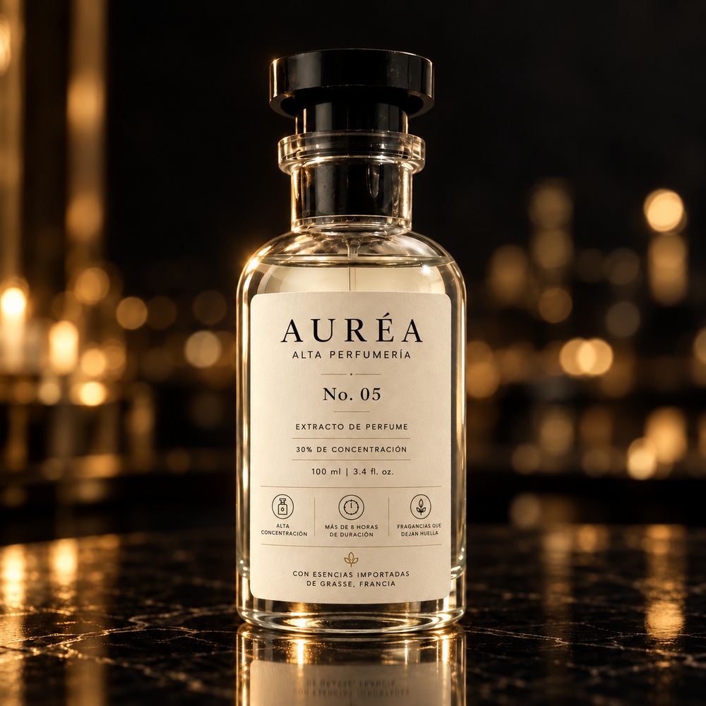 Frasco de perfume Auréa sobre una superficie oscura, rodeado de reflejos dorados.