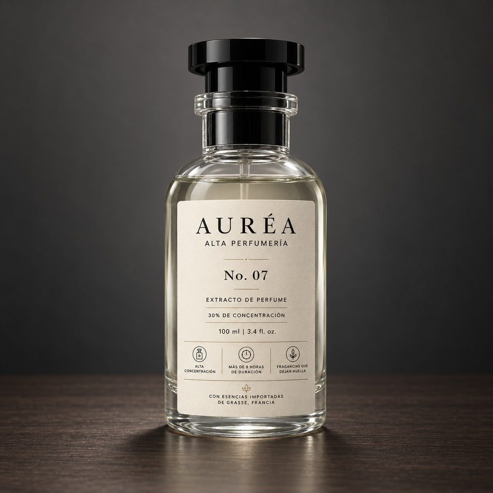 Frasco de perfume Auréa sobre madera oscura frente a un fondo gris.