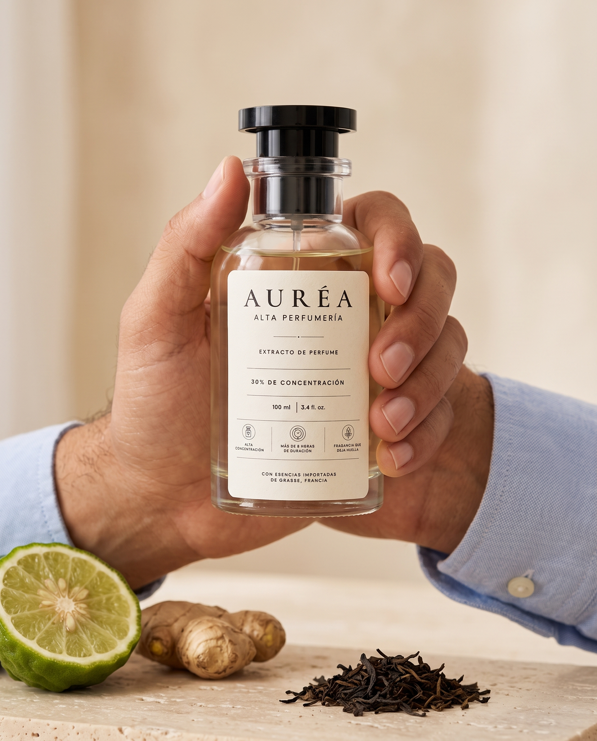AURÉA 01 · Ámbar de Té en mano, extracto de perfume 100 ml