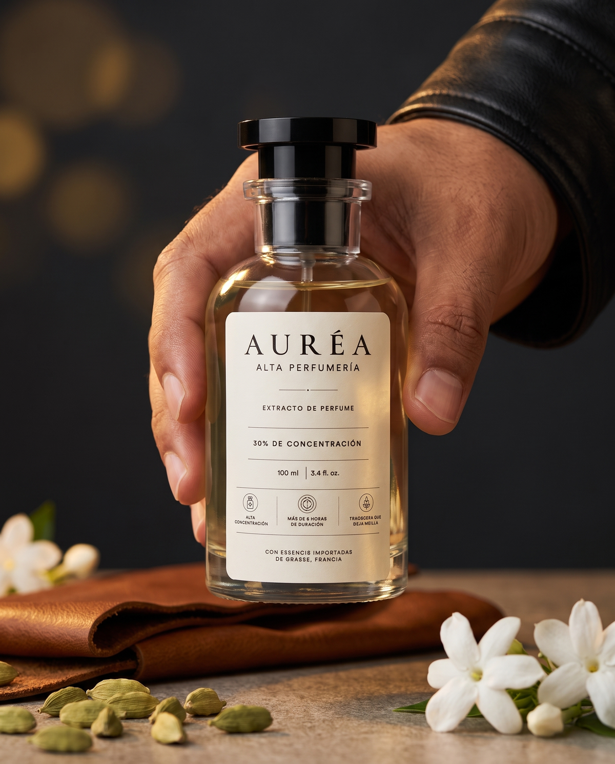 AURÉA 15 · Cuero Ámbar en mano, extracto de perfume 100 ml